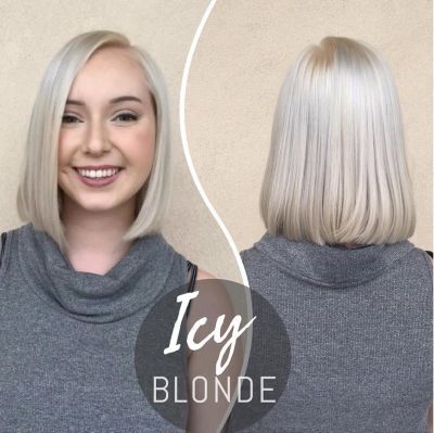 Icy blonde color and long bob
