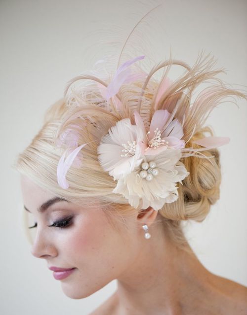 wavy short wedding hair with feathers