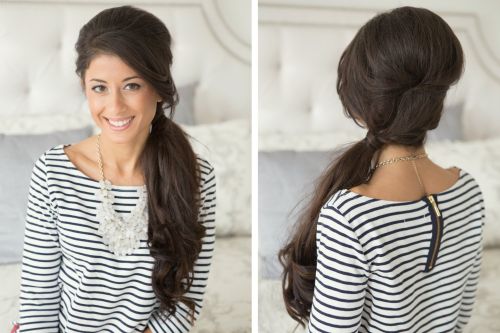 Low ponytail with fringe extensions