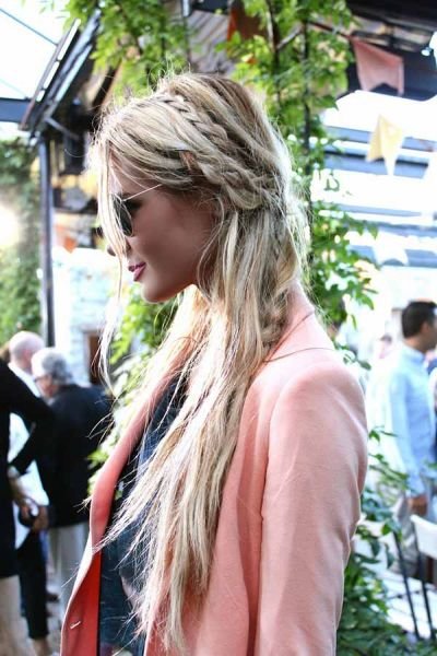 messy blonde beach hairstyle with crown braid