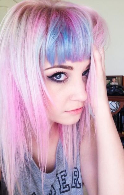 Pink hair with blue bangs