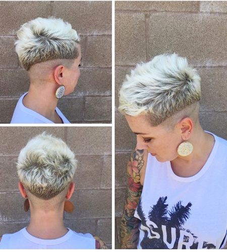 Textured bowl blonde shaved hairstyle for women