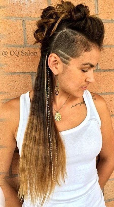 Updo mohawk sidecut and long crimped hairstyle