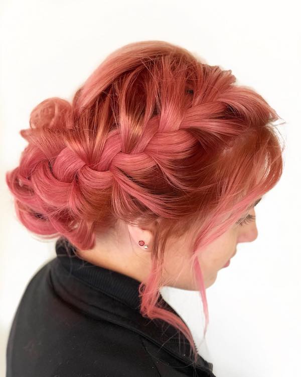 pink braided updo hairstyle