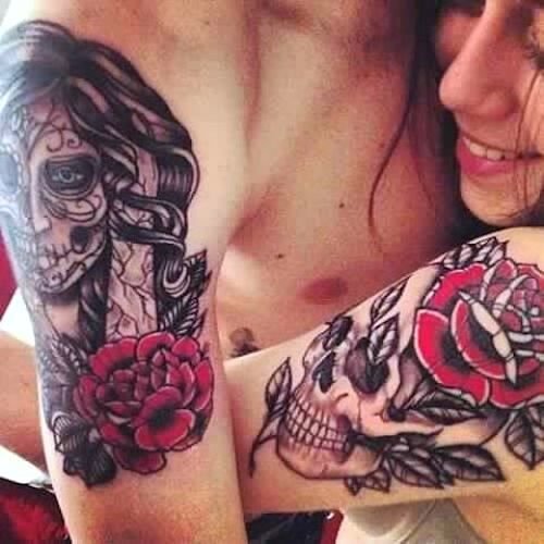 matching skull face tattoos