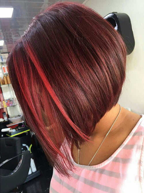 red velvet angled bob hairstyle