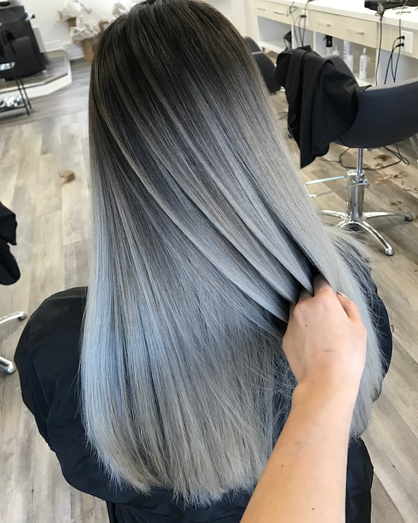 Pewter and silver balayage for straight black Asian hair