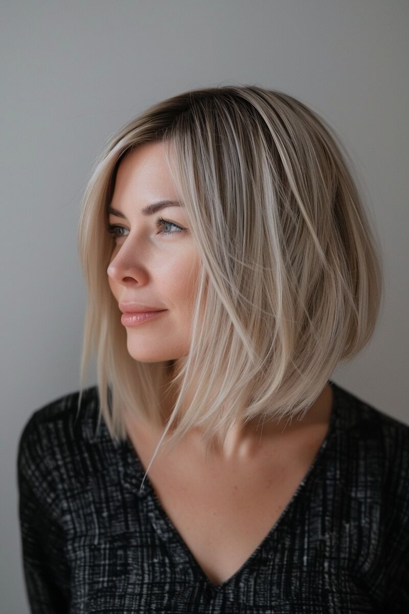 a photo of a woman with an A-Line Long Bob for Thinning blonde Hair