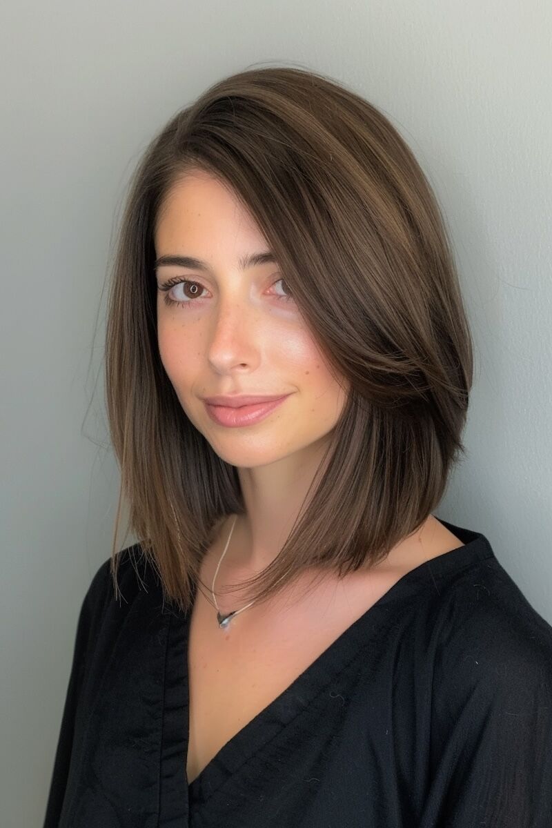 a photo of a woman with an A-Line Long Bob for Thin Hair