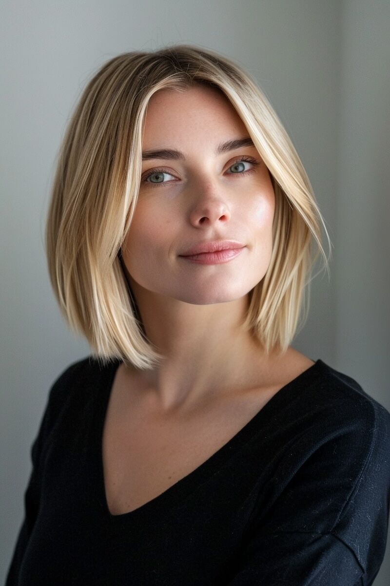 a photo of a woman with an A-Line Long Bob for Thinning blonde Hair