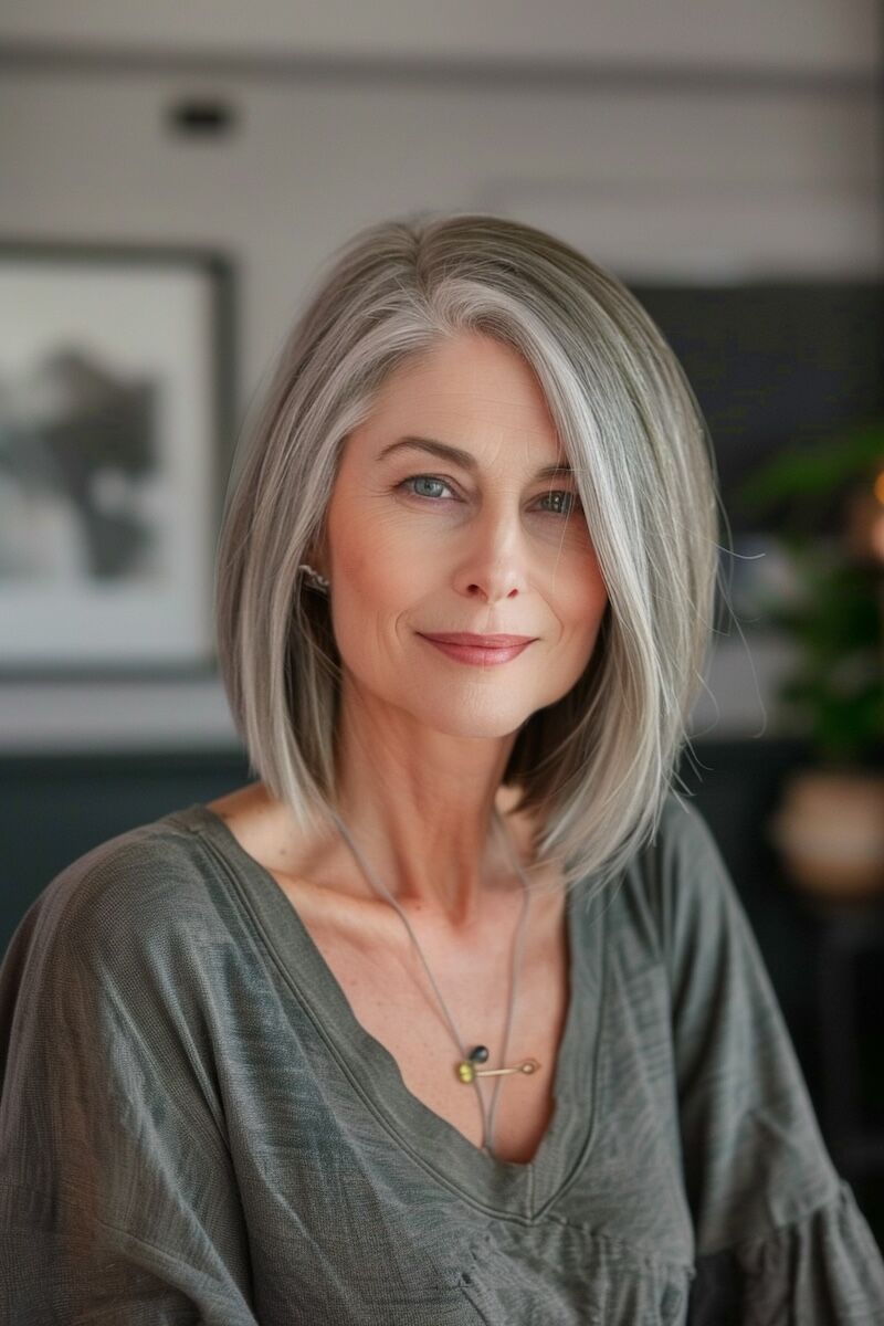a photo of a 50 year old woman with an A-Line Long Bob for Thin Hair