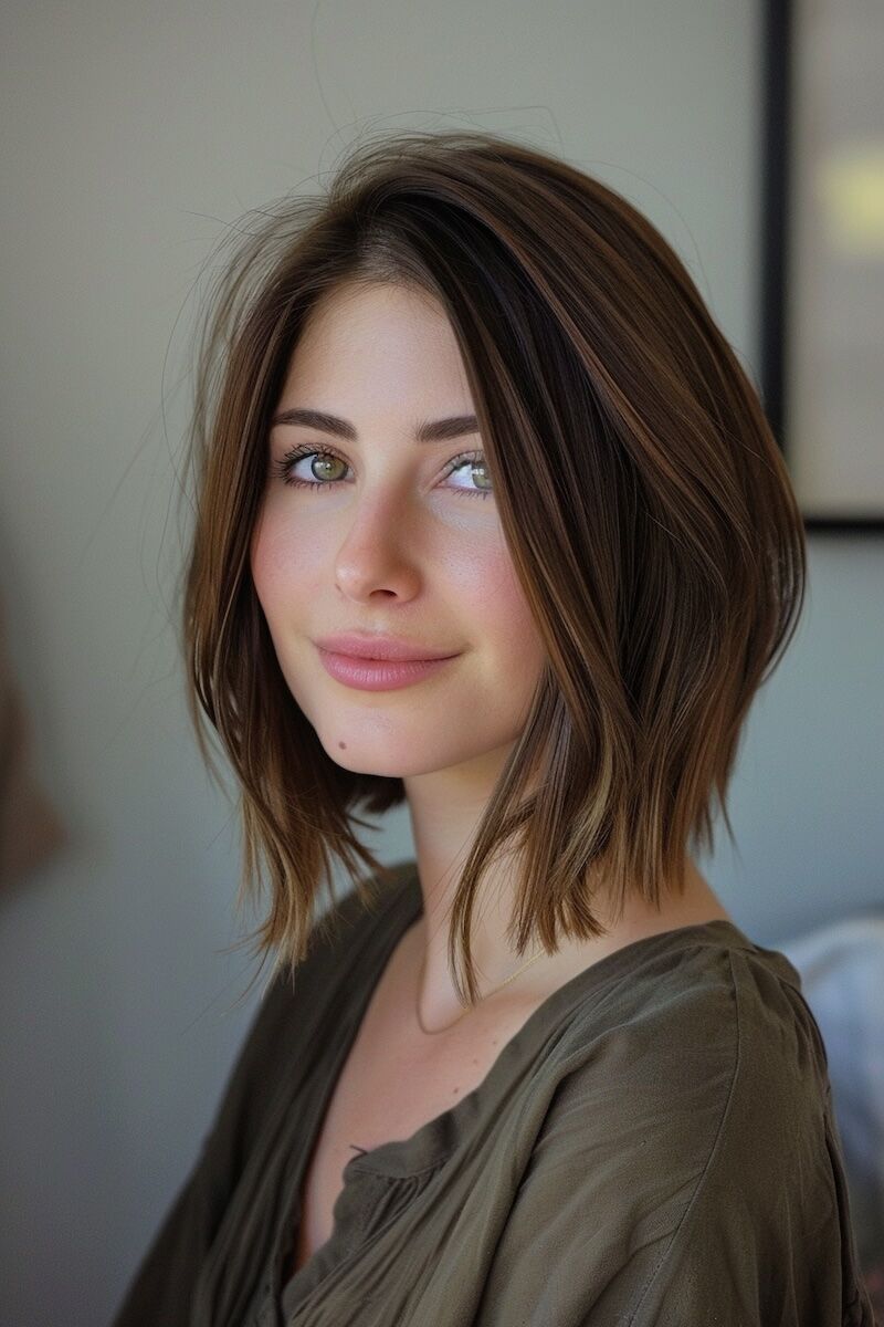 a photo of a woman with an A-Line Long Bob for Thin Hair