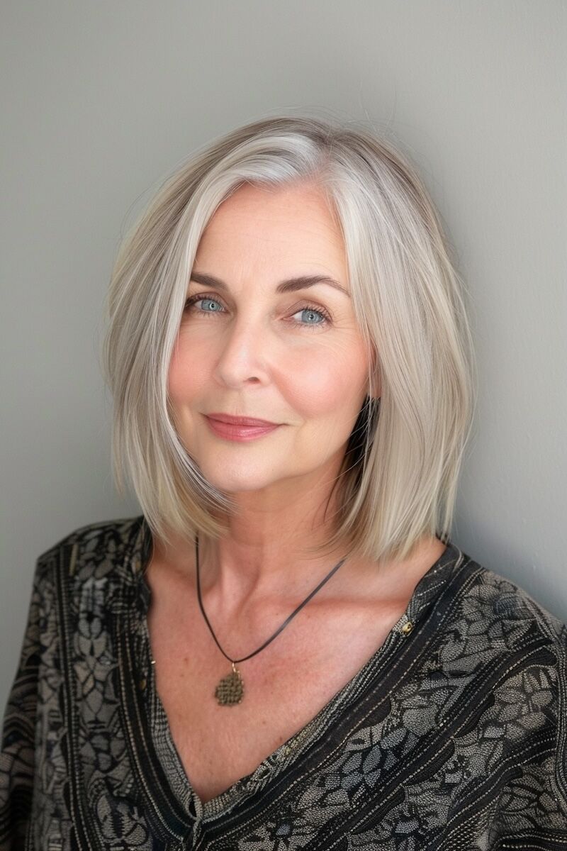 a photo of a 50 year old woman with an A-Line Long Bob for Thin Hair