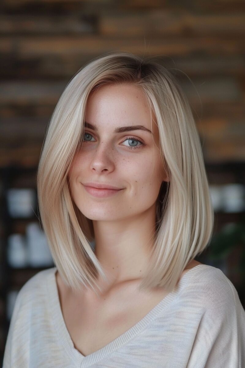 a photo of a woman with an A-Line Long Bob for Thinning blonde Hair