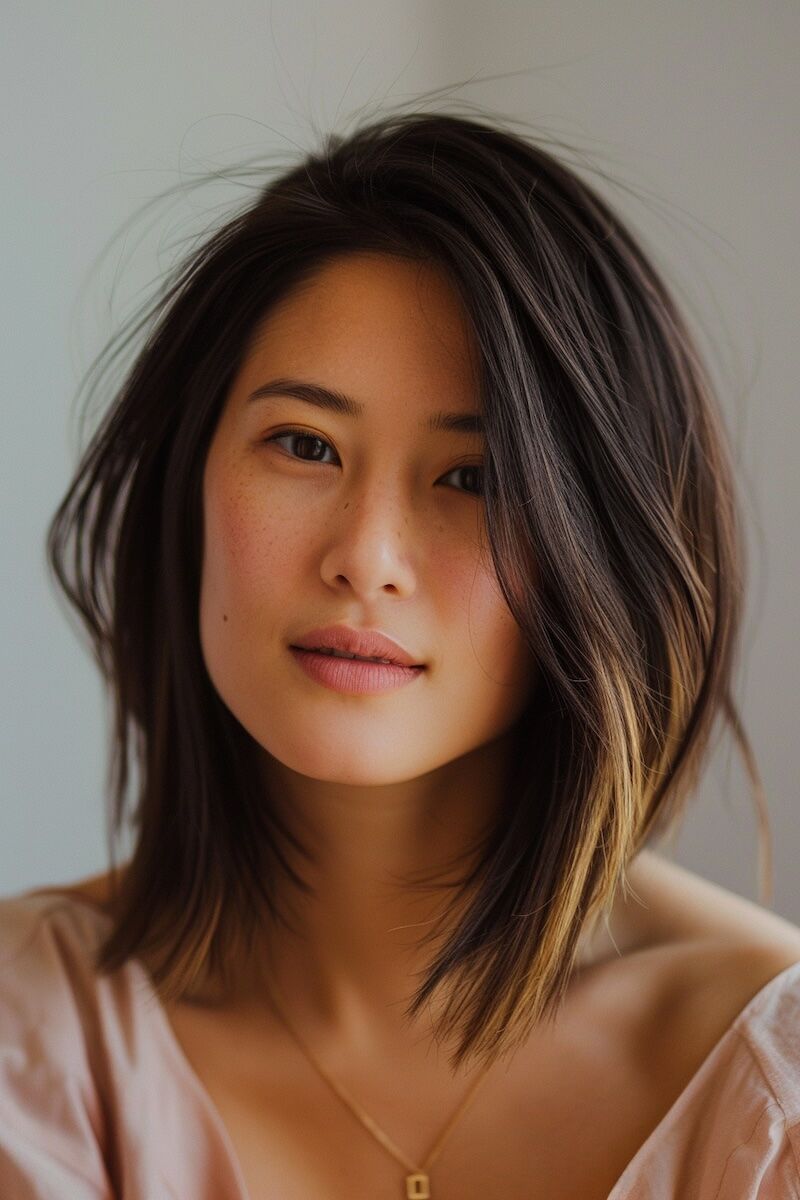 a photo of a woman with an A-Line Long Bob for Thin Hair