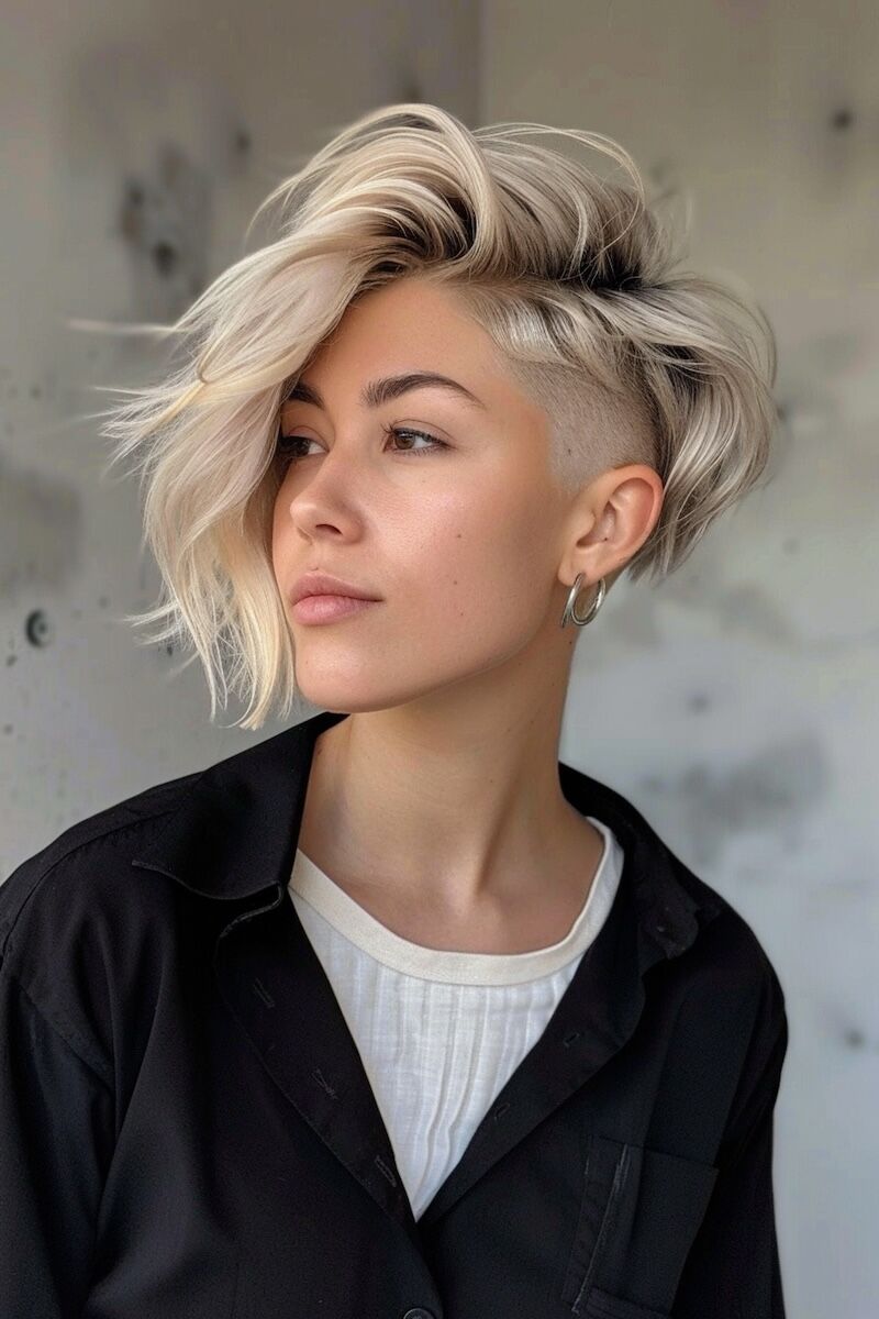 a photo of a woman with a Blonde Disconnected Undercut for Fine Thin wavy Hair