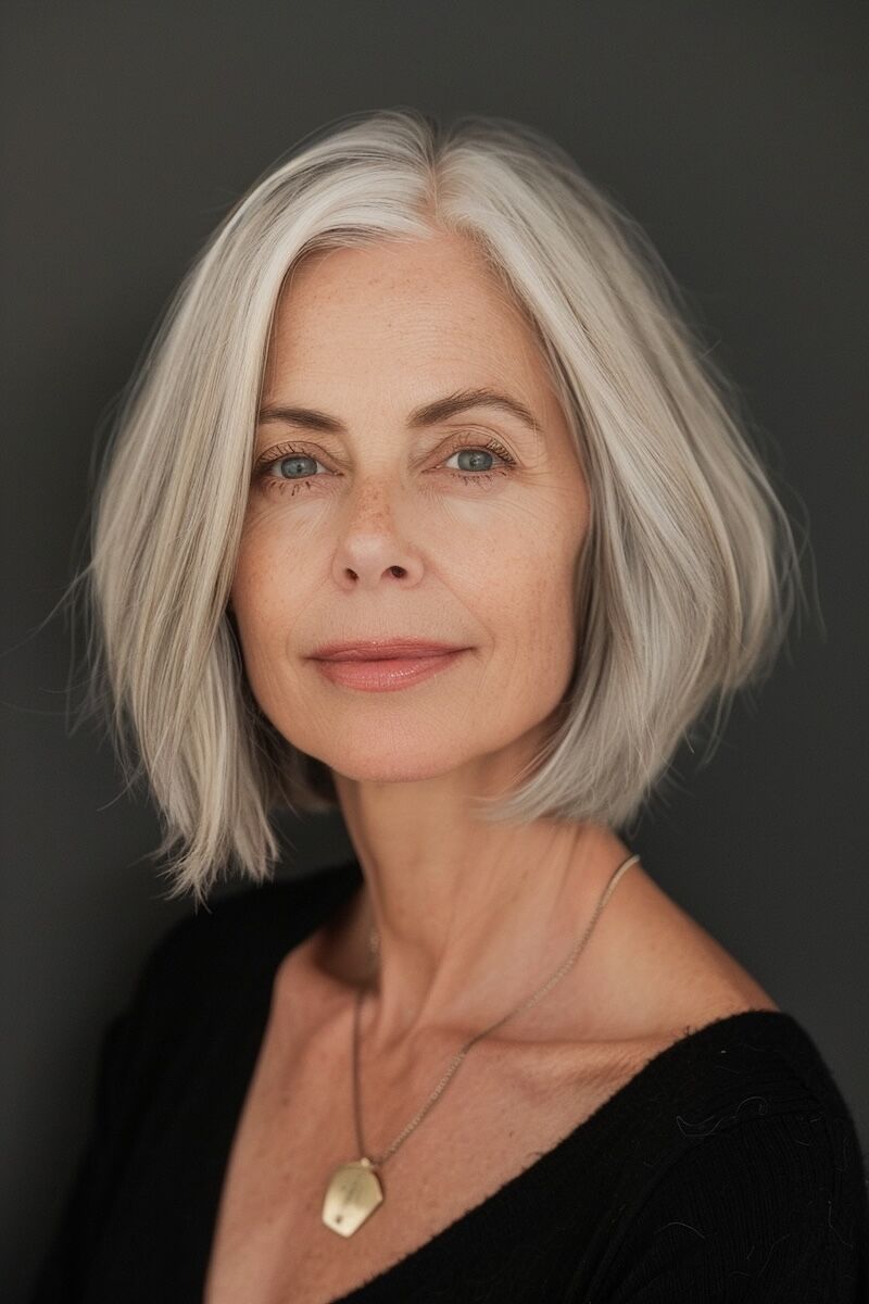 a photo of a woman with fine thin blonde hair in a blunt bob