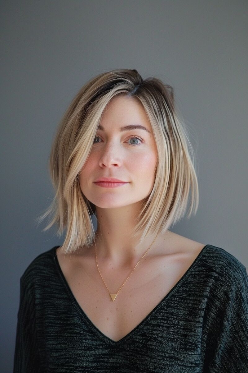 a photo of a 35 year old woman with fine thin blonde hair in a blunt bob
