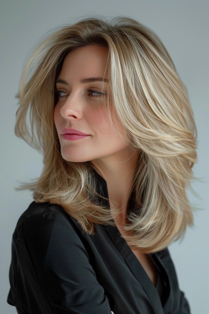a photo of a woman with a Blow Out Medium Length Layers for Thin Hair