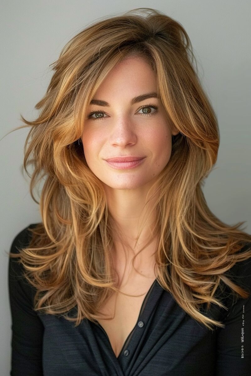 a photo of a woman with a blow Out Medium Length Layers for Thin Hair