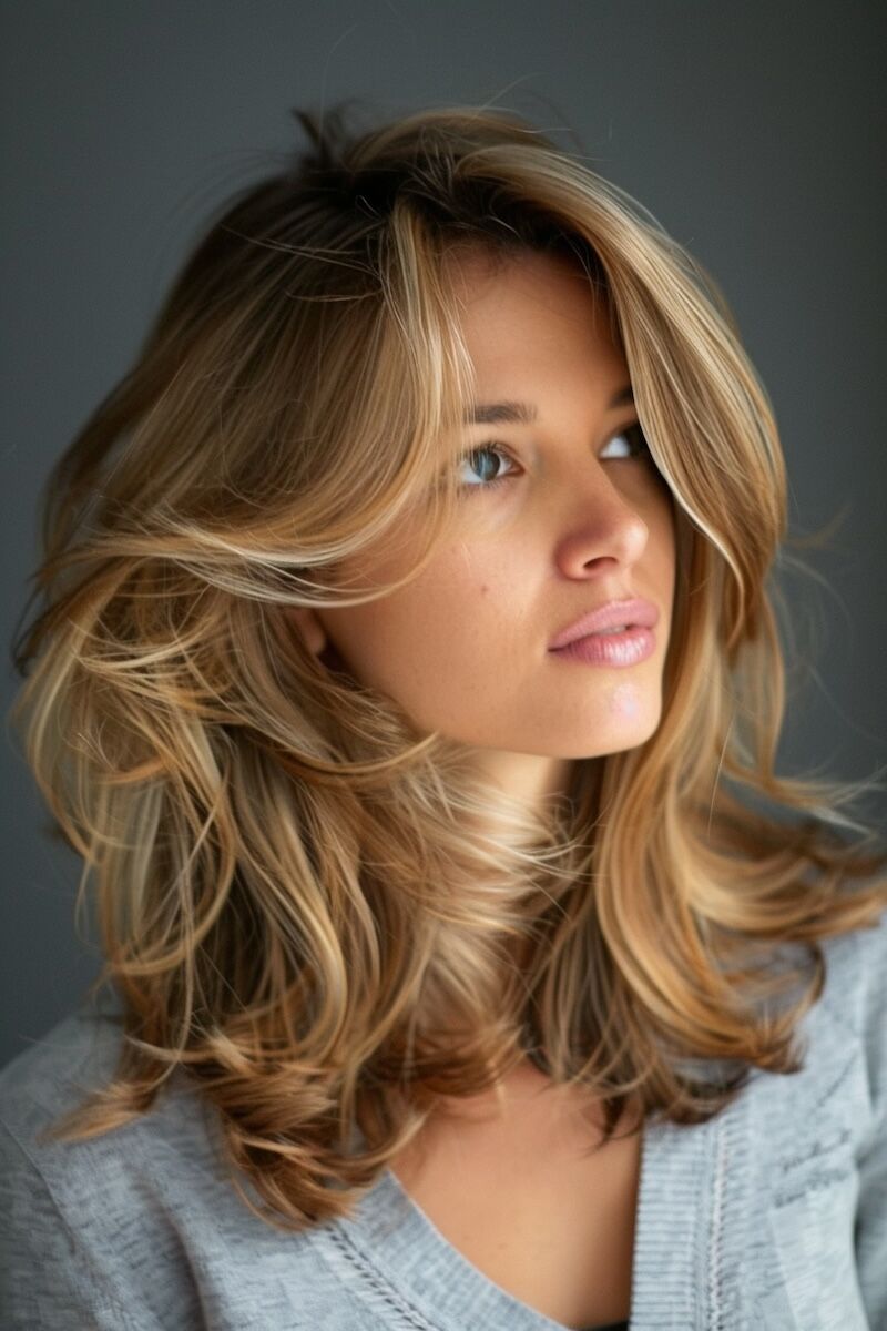 a photo of a woman with a Blow Out Medium Length Layers for Thin Hair