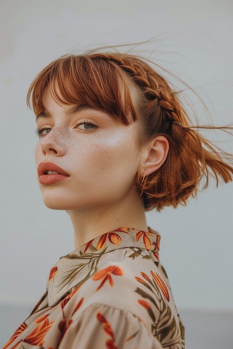 a photo of a woman with a Side Braid and blunt bob for Fine Hair