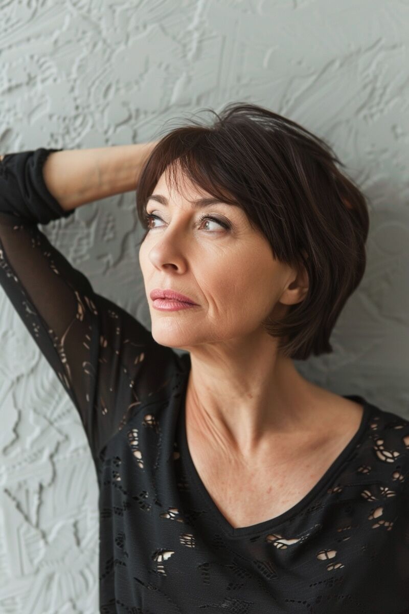 a photo of an 40 year old woman with hair loss and a blunt bob