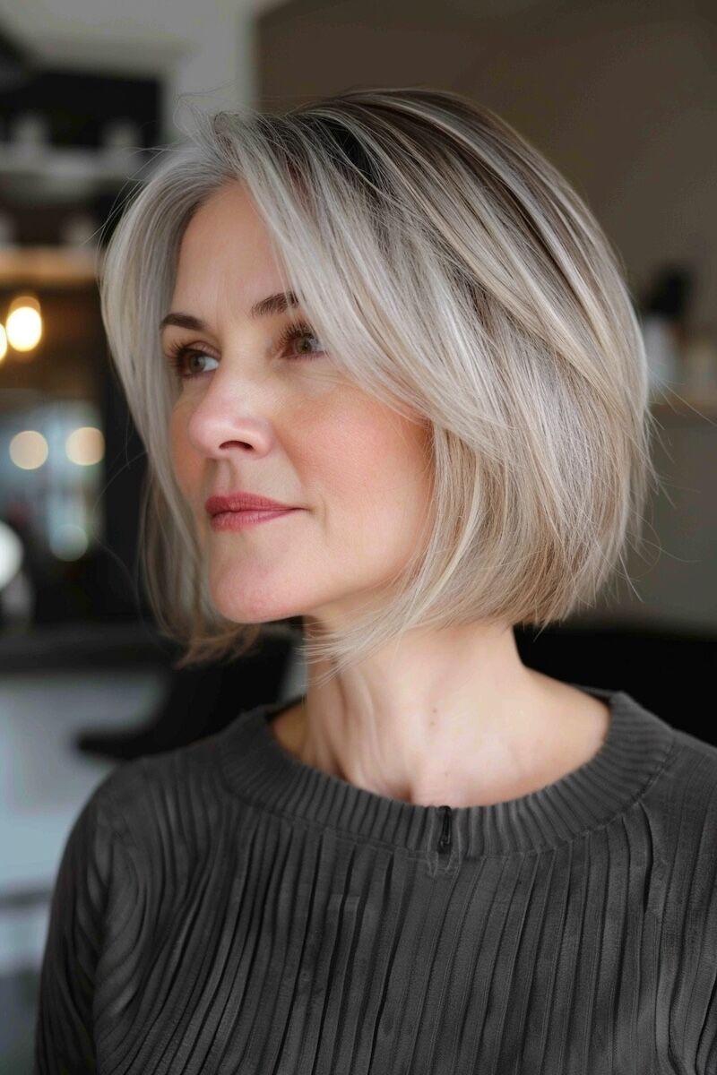 a photo of a 50 year old woman with Chic Short Bob with Highlights for Fine Hair