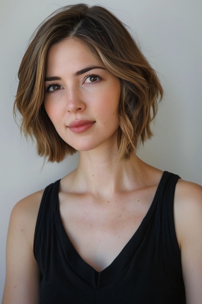 a photo of a woman with Chic Short Bob with Highlights for Fine Hair
