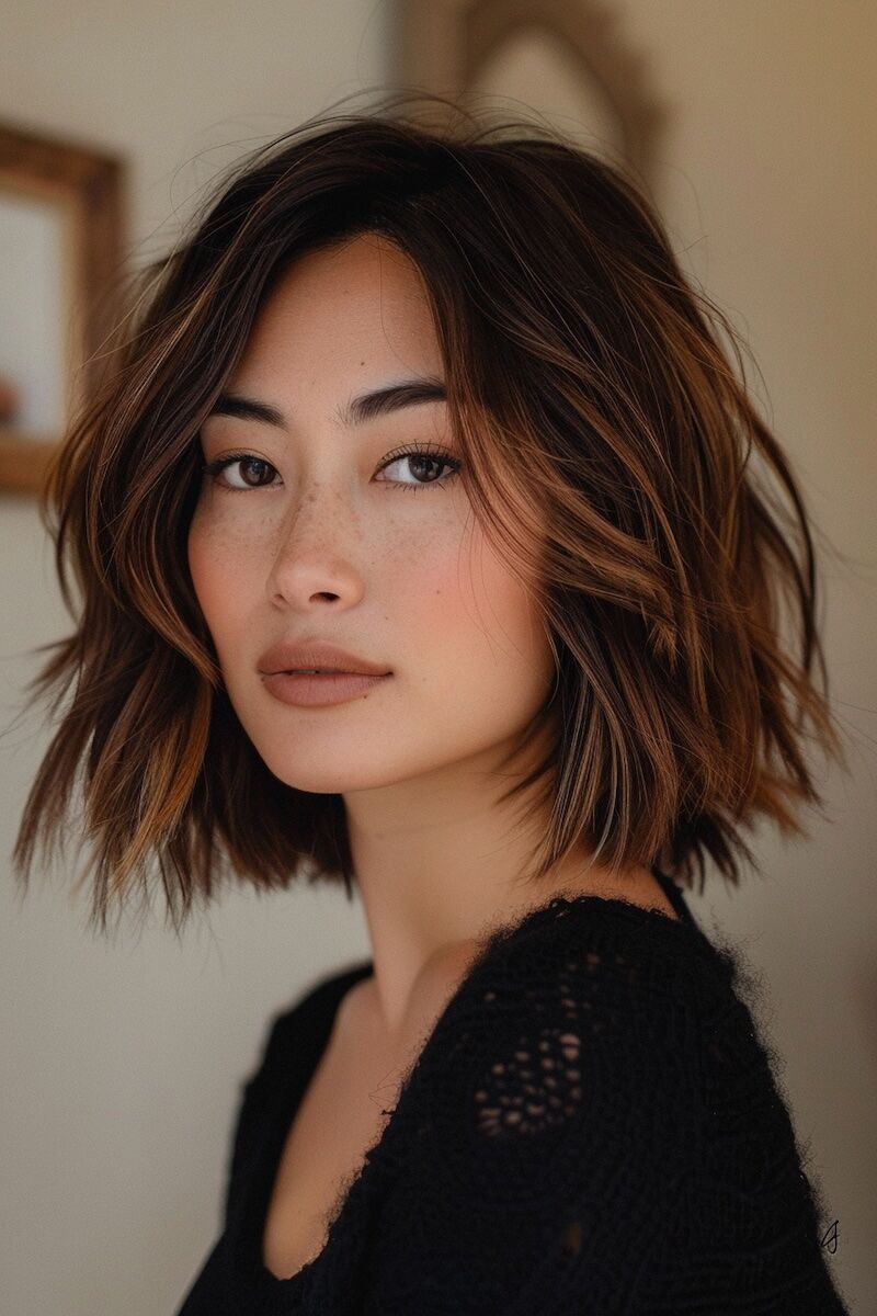 a photo of a woman with Chic Short Bob with Highlights for Fine Hair