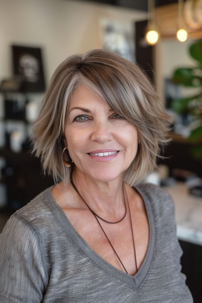 a photo of a 50 year old woman with Chic Short Bob with Highlights for Fine Hair