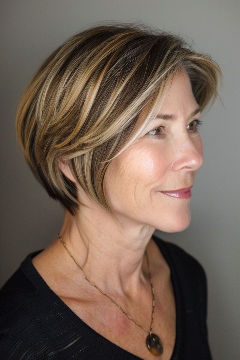 a photo of a 50 year old woman with Chic Short Bob with Highlights for Fine Hair