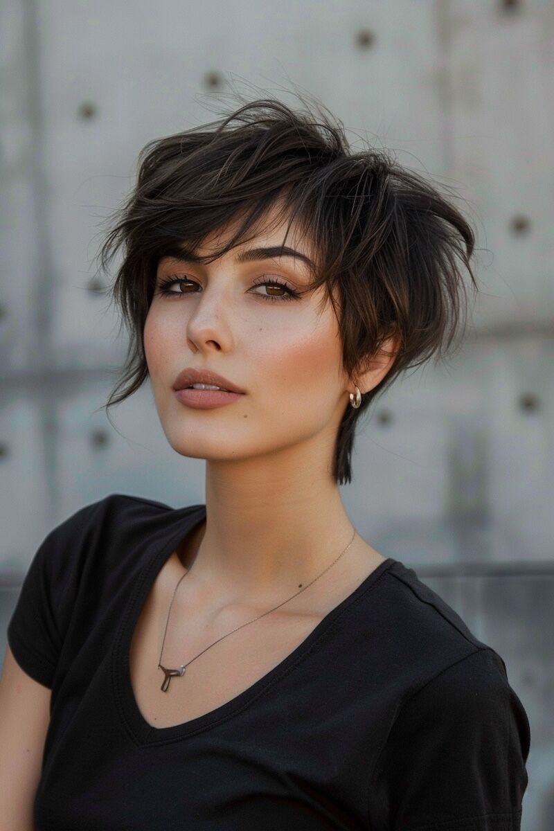 a photo of a woman with Chopped Pixie Like Short Haircut for Fine Hair