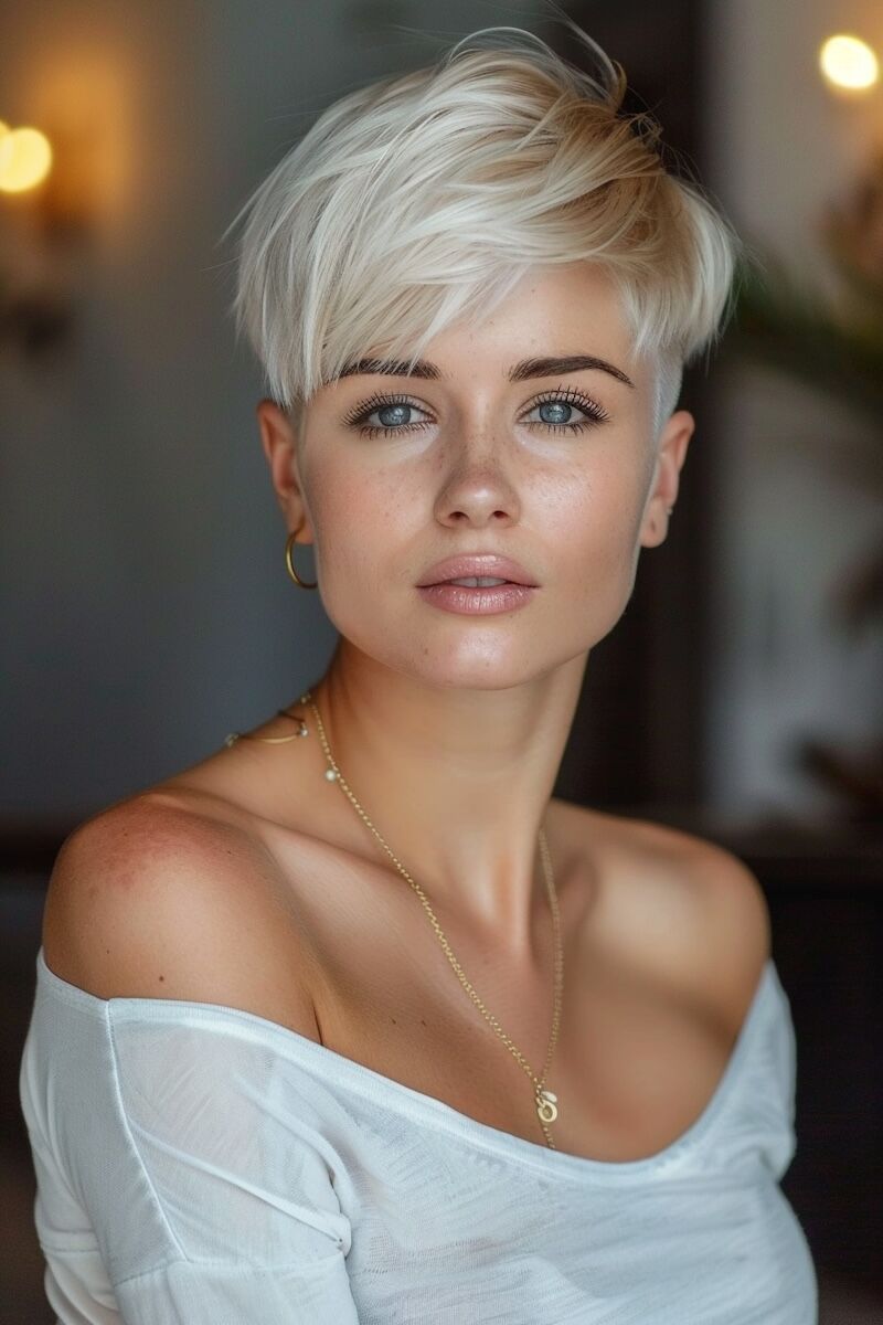 a photo of a woman with Chopped Pixie Like Short Haircut for Fine blonde Hair