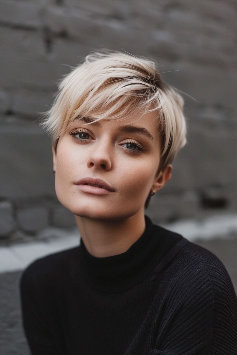 a photo of a woman with Chopped Pixie Like Short Haircut for Fine Hair