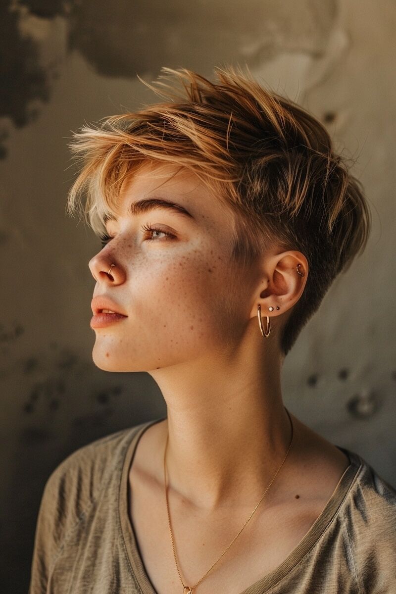 a photo of a woman with Chopped Pixie Like Short Haircut for Fine blonde Hair