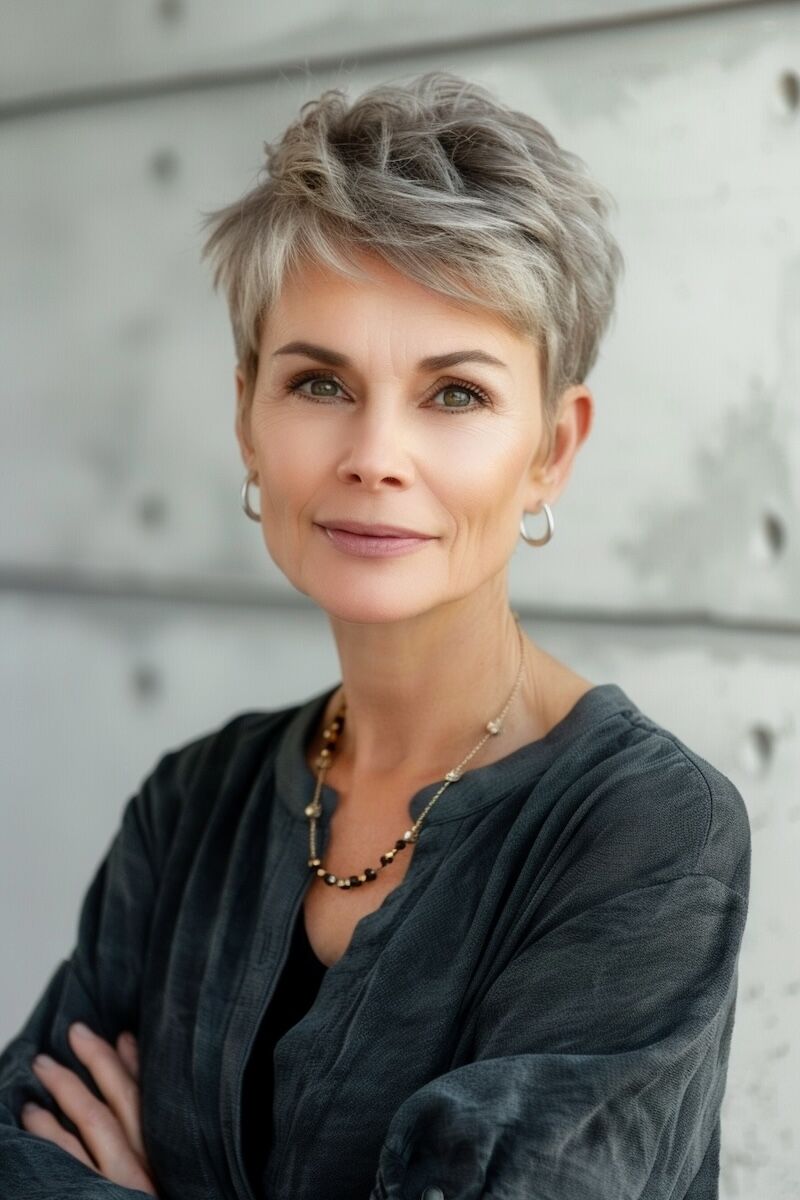 a photo of a 50 year old woman with Chopped Pixie Like Short Haircut for Fine Hair