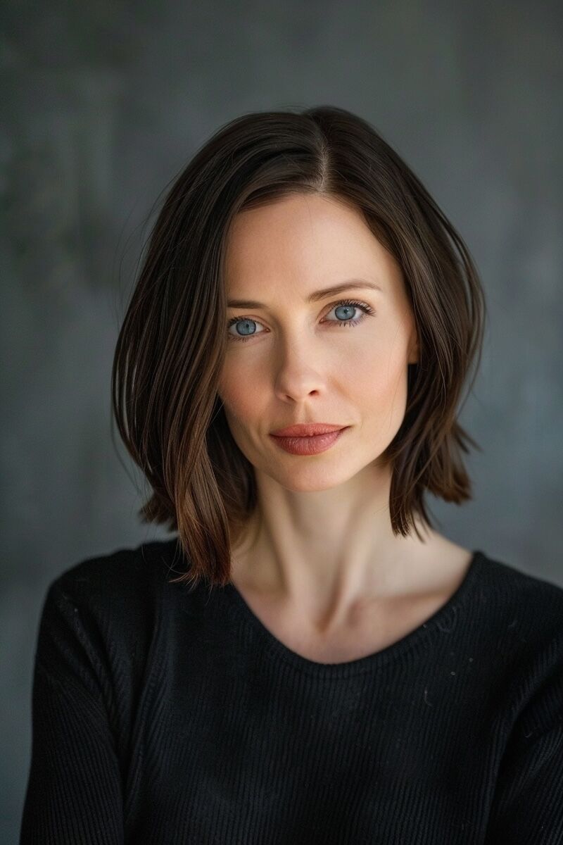 a photo of a 35 year old woman with minimal, fine, and thinning brown hair in a blunt bob
