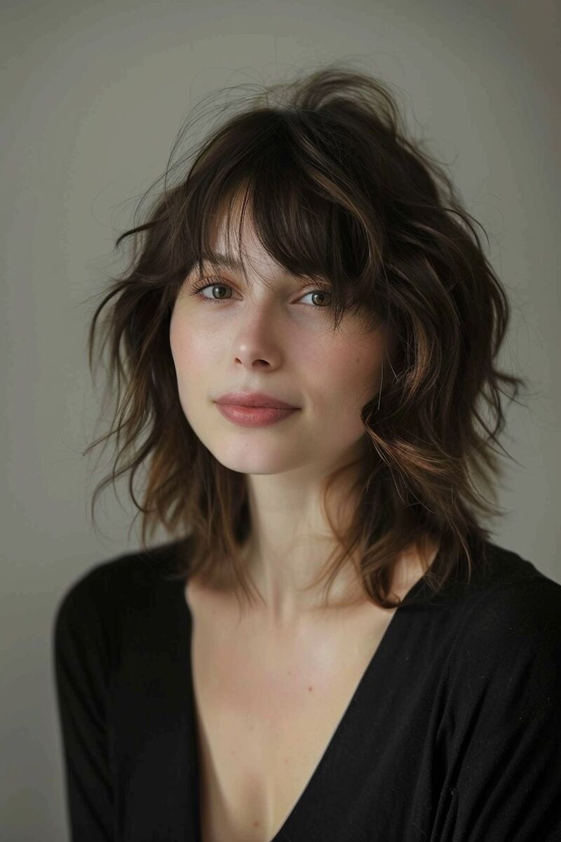 a photo of a woman with Full Bangs for Thin Wispy medium-length hair