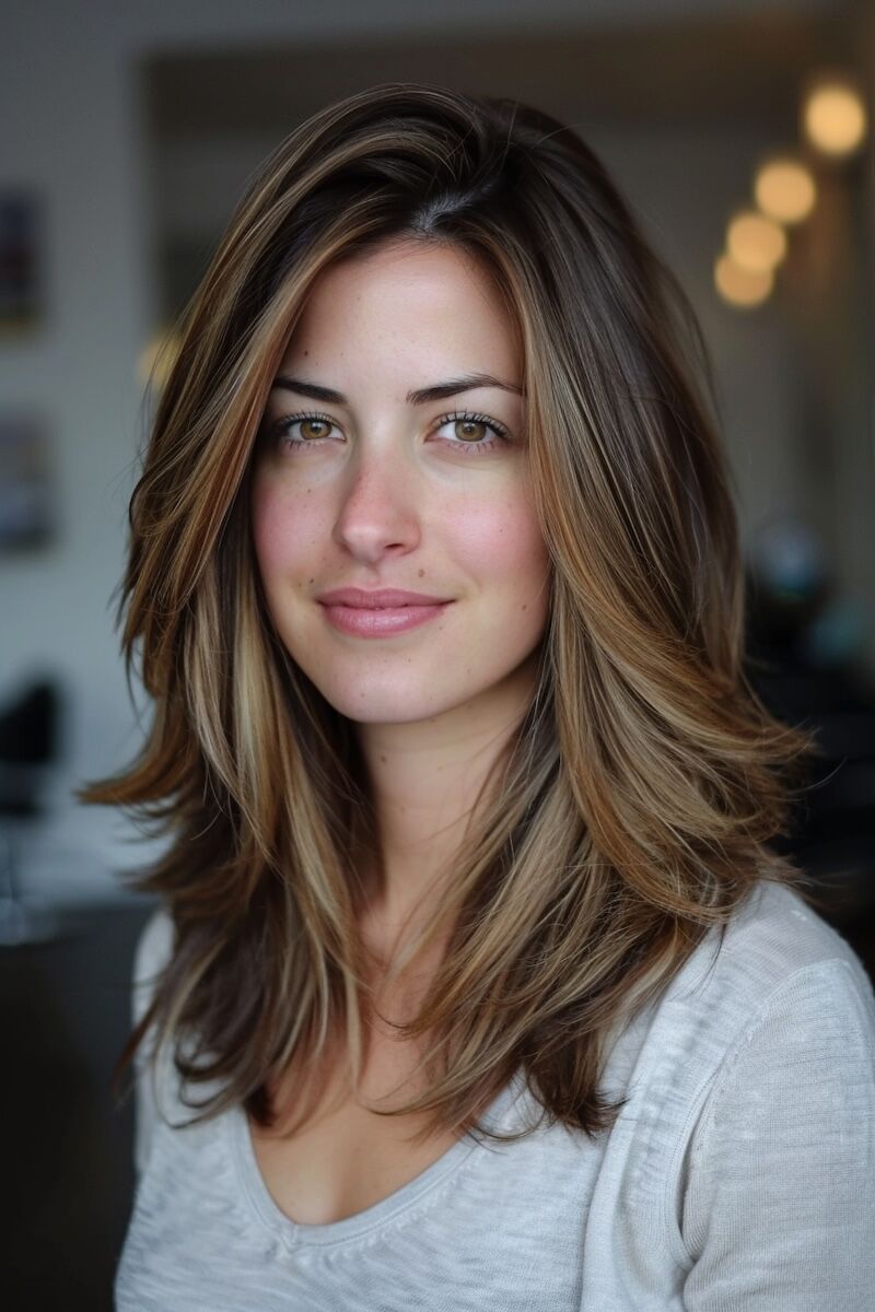 a photo of a woman with a blow Out Medium Length Layers for Thin Hair