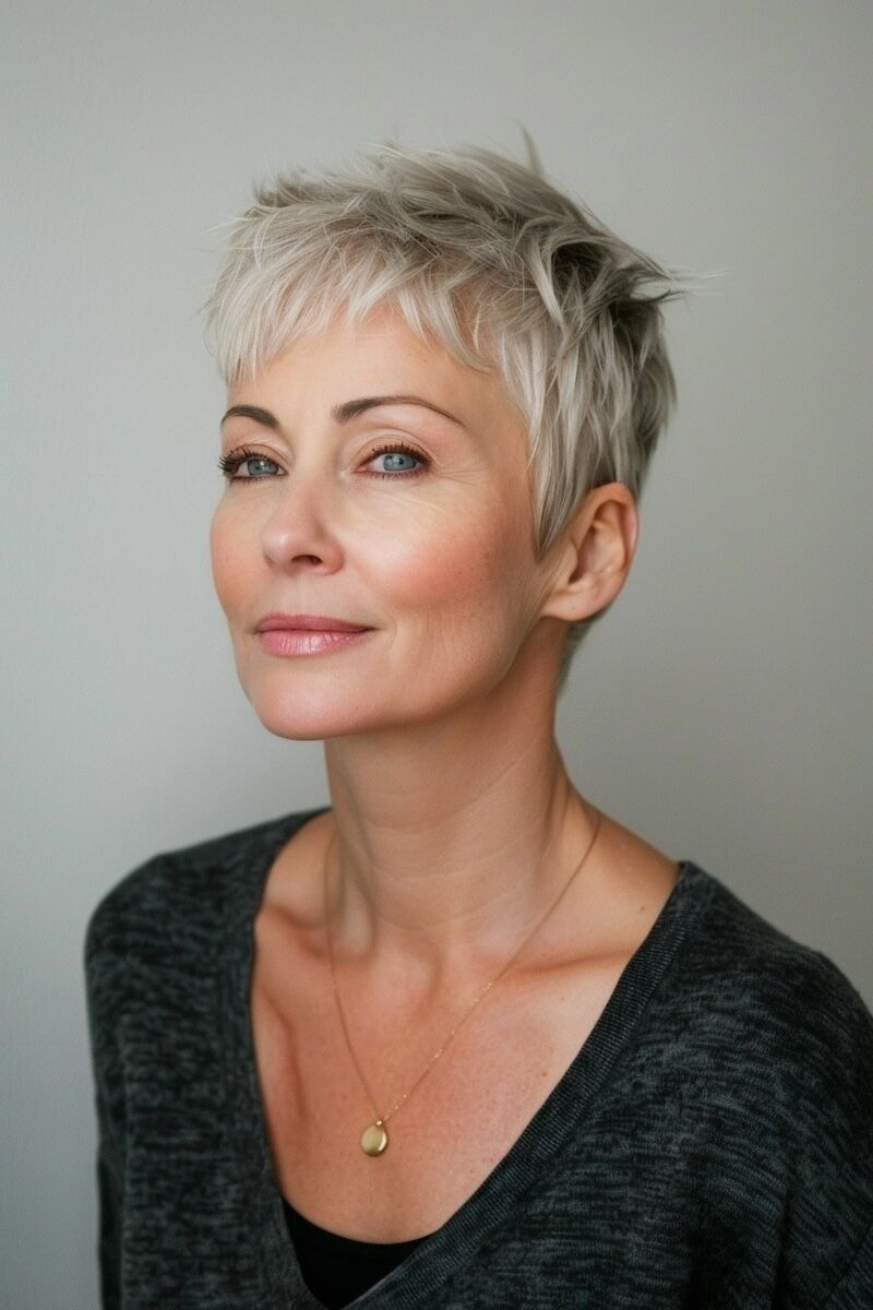 a photo of a 50 year old woman with Chopped Pixie Like Short Haircut for Fine Hai