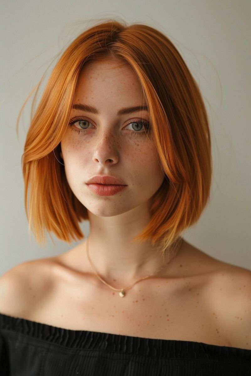a photo of a woman with fine thin strawberry blonde hair in a blunt bob