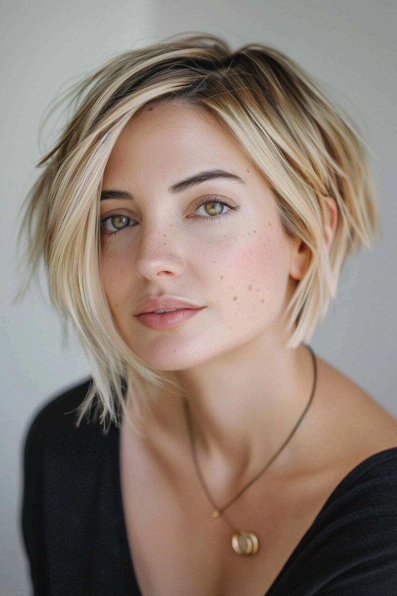 a photo of a woman with Chic Short Bob with Highlights for Fine Hair