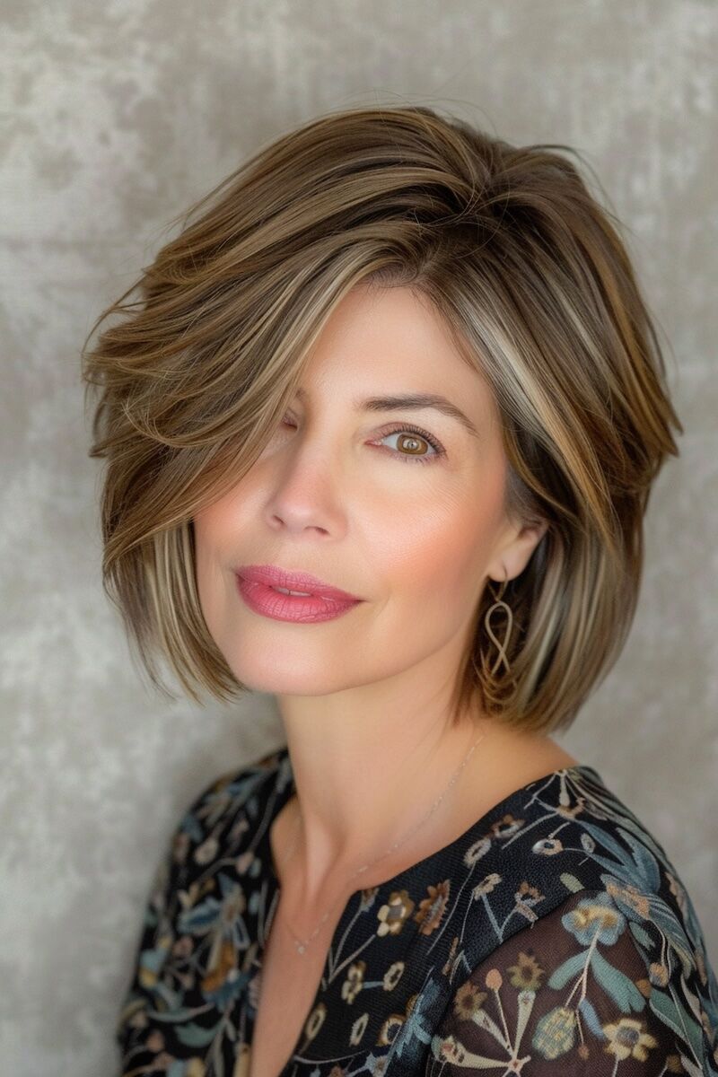 a photo of a woman with Chic Short Bob with Highlights for Fine Hair