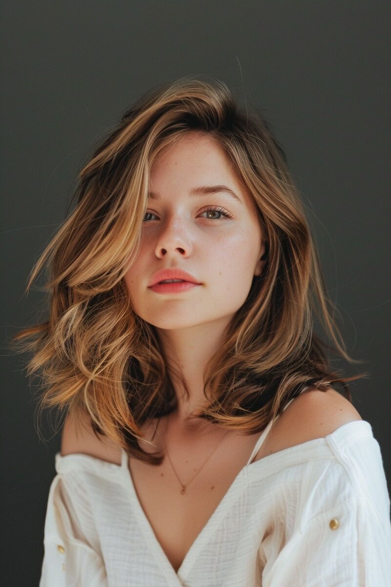 a photo of a woman with a Side Part Shoulder Length Layers for fine hair