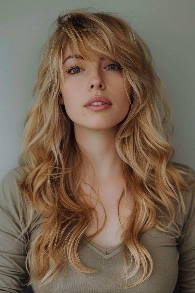 a photo of a woman with side swept bangs for long thin blonde hair