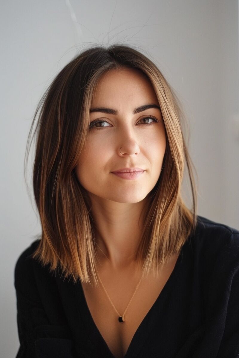 a photo of a woman with a Straight Mid Length Cut for Thin Hair