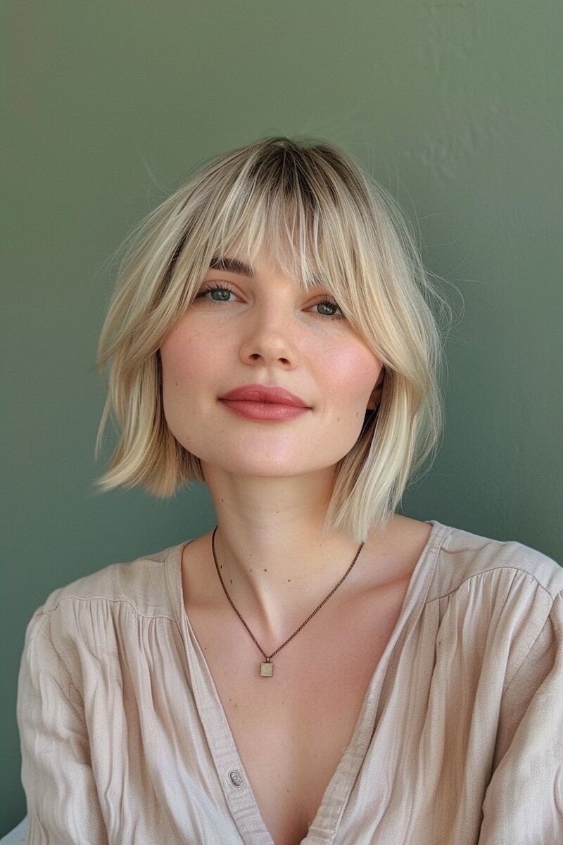 a photo of a woman with a Straight Short Haircut with Long Bangs for Thinning blonde Hai