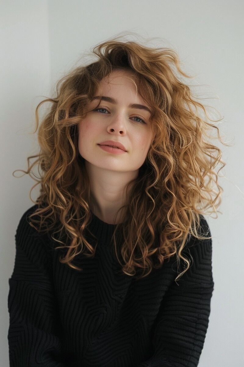 a photo of a woman with Voluminous curly Perm Hairstyle for Fine Hair