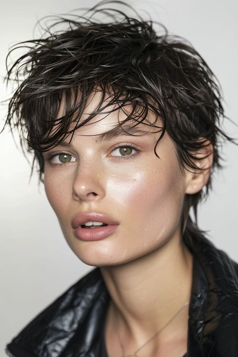 a photo of a woman with a Wet Look Pixie Thin Hairstyle for Fine Hair